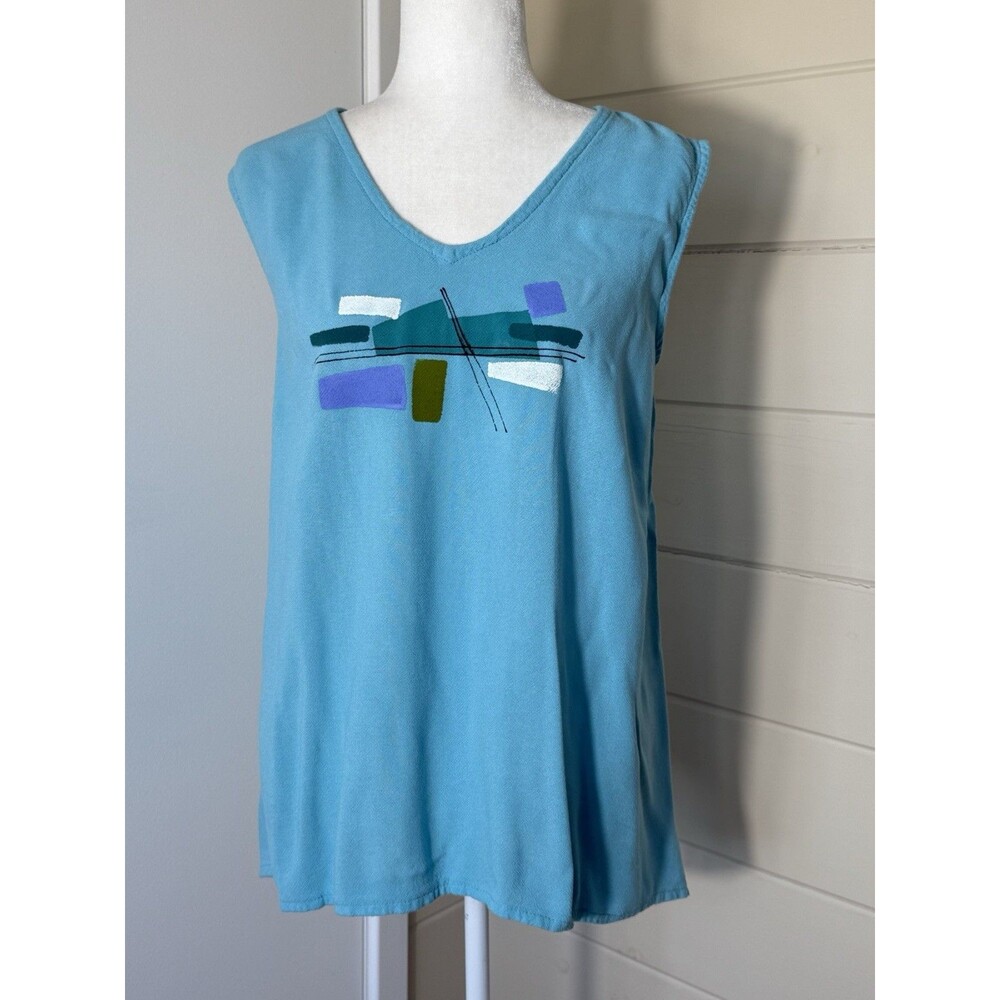 Odile M Blue Cotton Tunic Top Hand Painted Abstract Detail Art To Wear Lagenlook